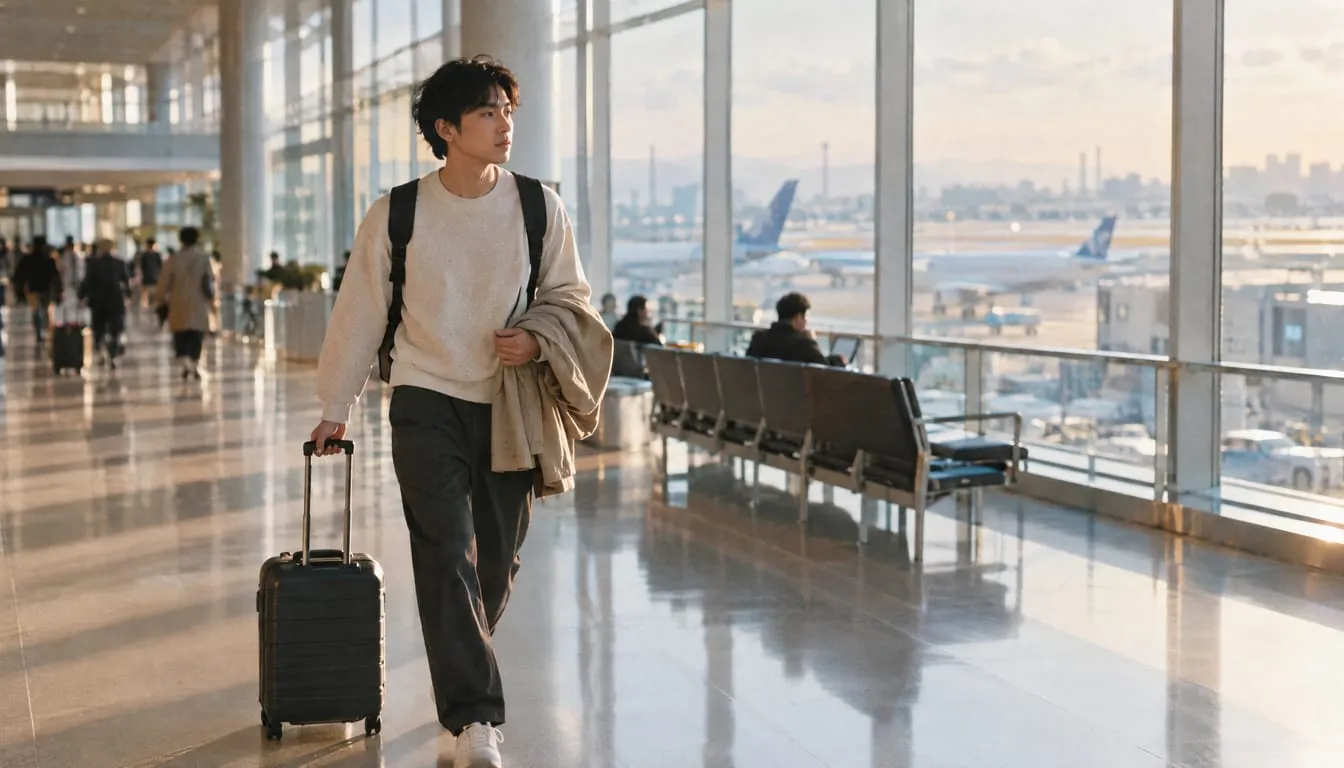 空港の出発ロビーを、機内持ち込みサイズのスーツケースを引いて歩く男性のイメージ