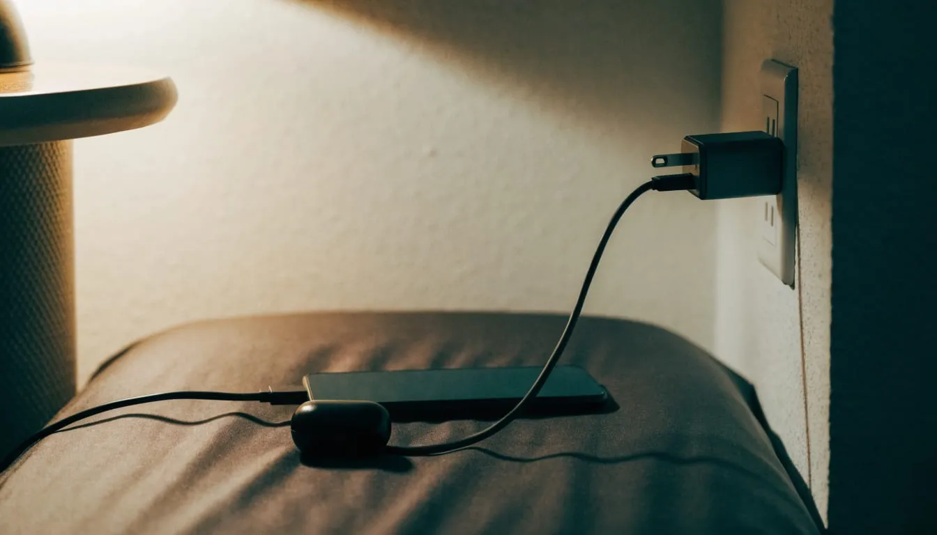 ビジネスホテルの枕元で小型USB-C充電器からスマホとイヤホンを充電しているイメージ