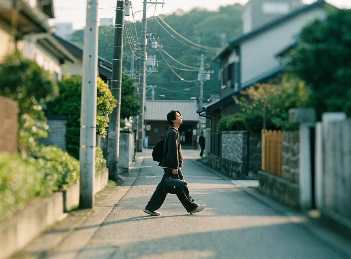 休日の朝、駅へ向かう男性のイメージ。小さなバックパックとサコッシュで身軽に出かける