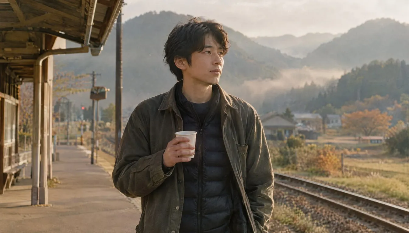 山あいの駅のホームで、薄手のダウンの上にシャツジャケットを羽織り、温かいコーヒーを持つ男性のイメージ