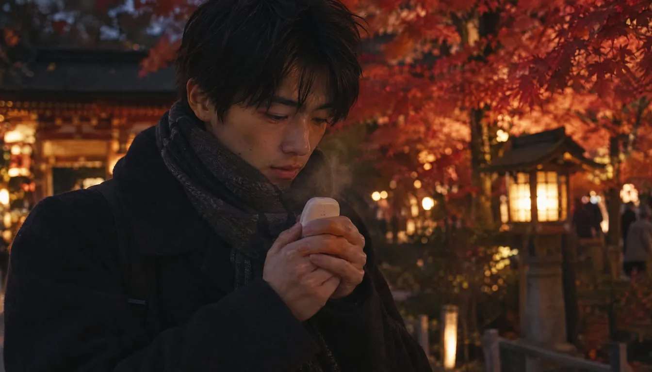 紅葉のライトアップの夜、両手で充電式カイロを包んで温まる男性のイメージ