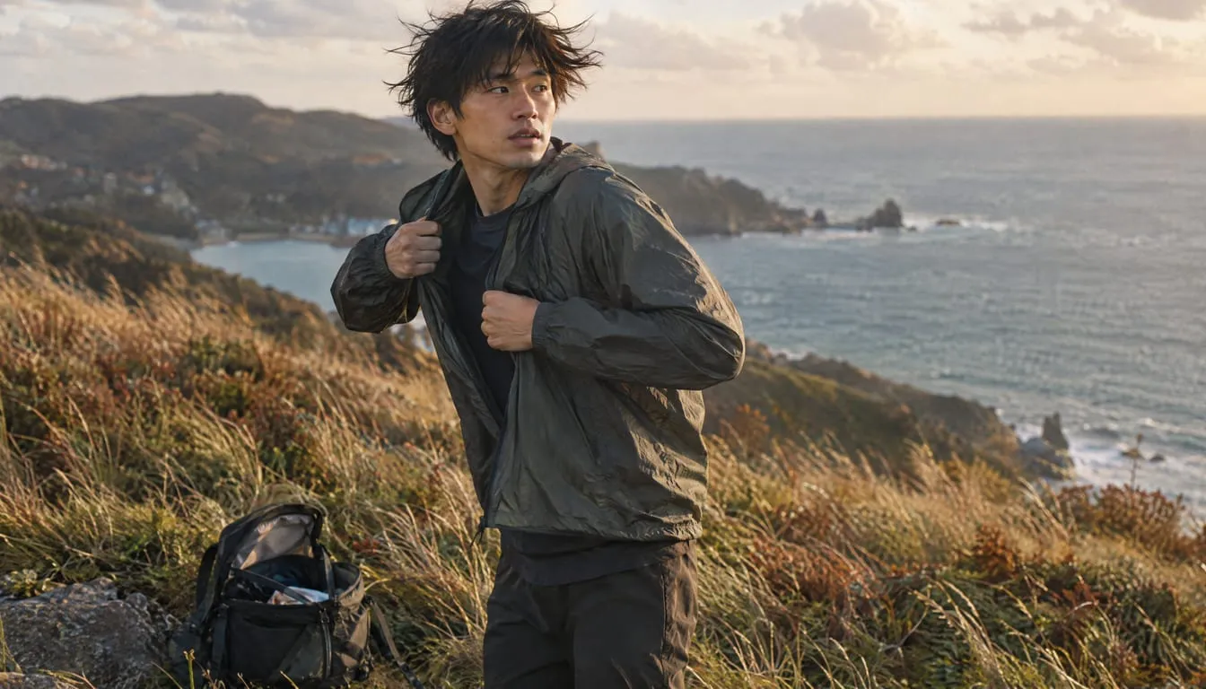 海を見下ろす風の強い丘で、カバンから出した薄いウィンドブレーカーを羽織る男性のイメージ
