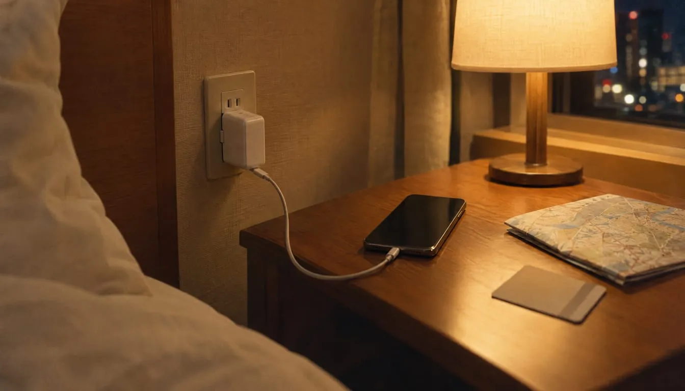 ビジネスホテルの枕元で、コンセントに直接挿したバッテリーからスマホを充電しているイメージ