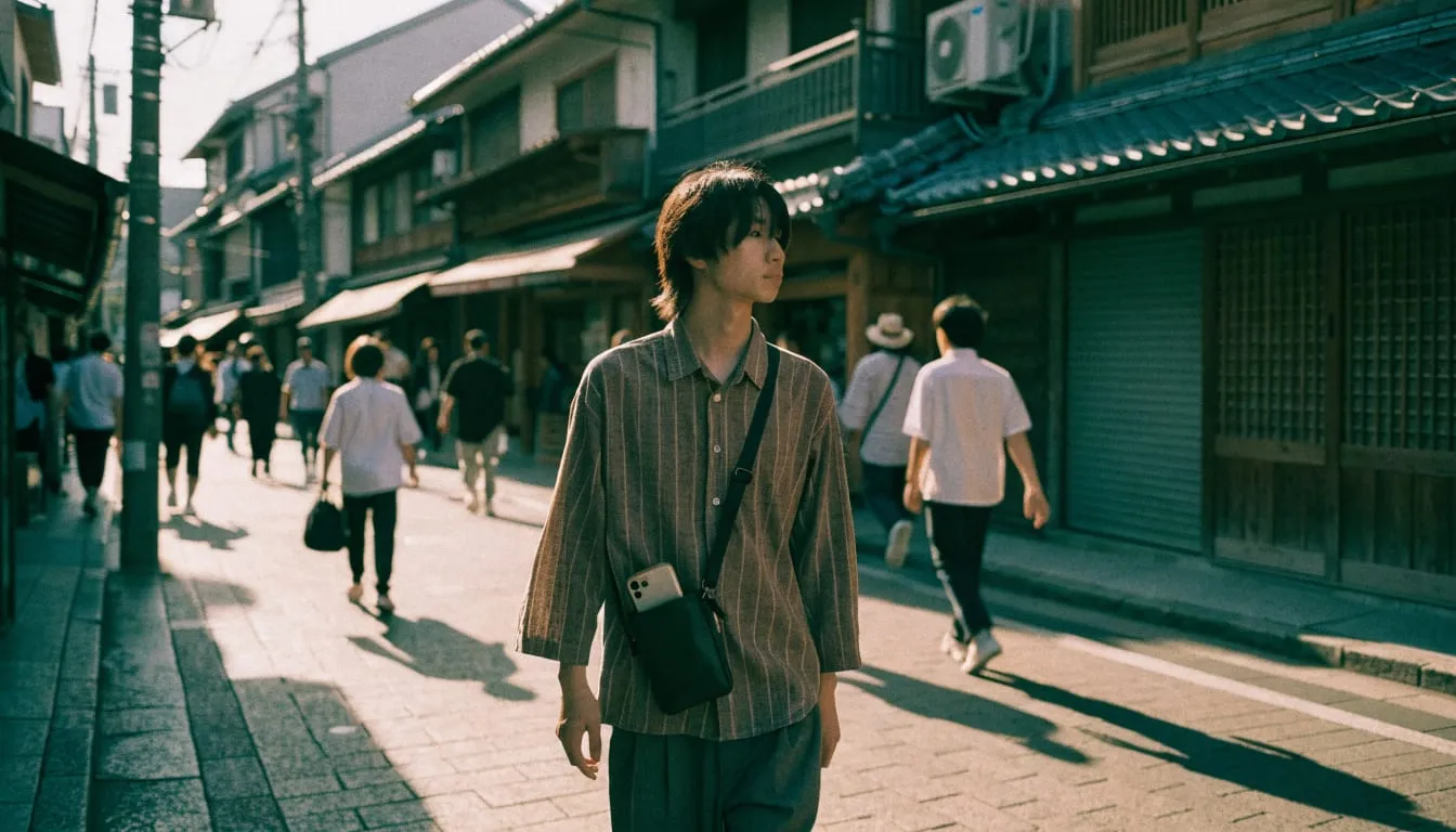 古い街並みの商店街を小さなサコッシュだけで手ぶらで歩く男性のイメージ