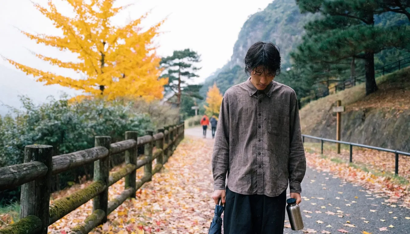 紅葉の山道で折りたたみ傘とステンレスボトルを持つ男性のイメージ