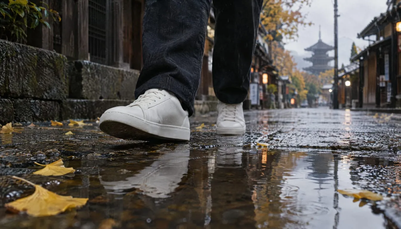 秋雨の石畳の町並みで、白いレザースニーカーで水たまりをまたぐ足元のイメージ