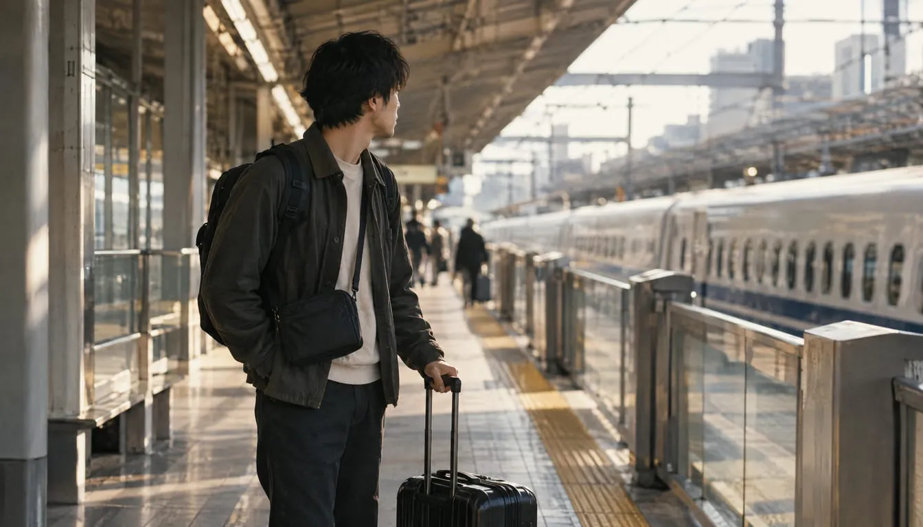 新幹線のホームで、リュックとサコッシュを身につけ機内持ち込みサイズのスーツケースを引く男性のイメージ