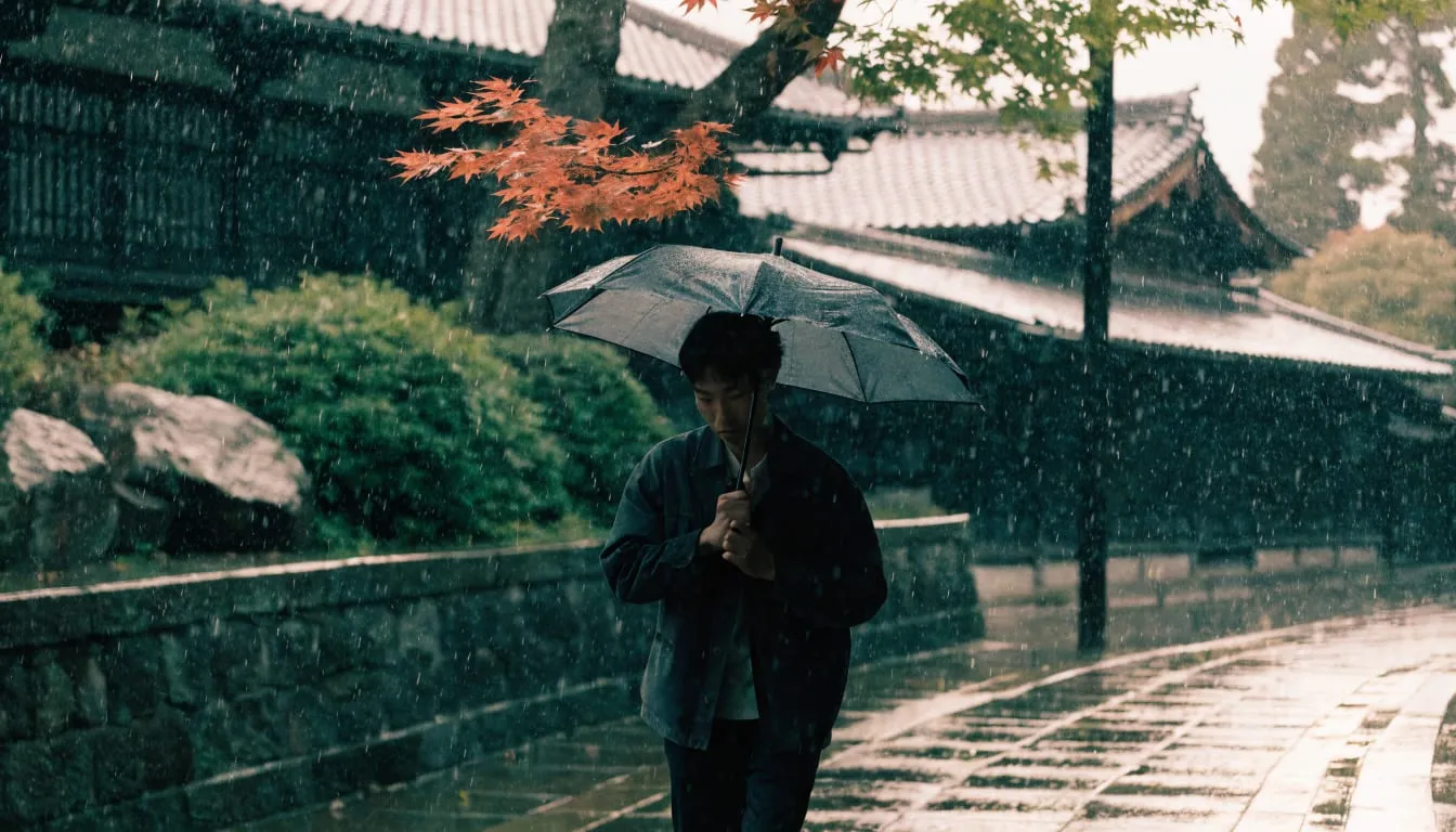 紅葉の門前町で急な雨に折りたたみ傘を開く男性のイメージ